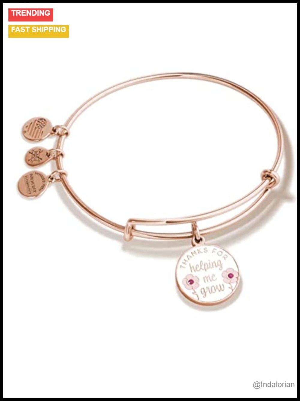 Expandable Bangle Bracelet Rose Gold Tone Amethyst Crystal Charm 2 to 3.5 in